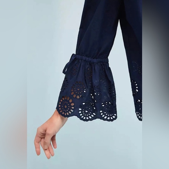ANTHROPOLOGIE Isabella Sinclair S Navy Off Shoulder Eyelet Bell Sleeves ROMANTIC - Picture 3 of 13